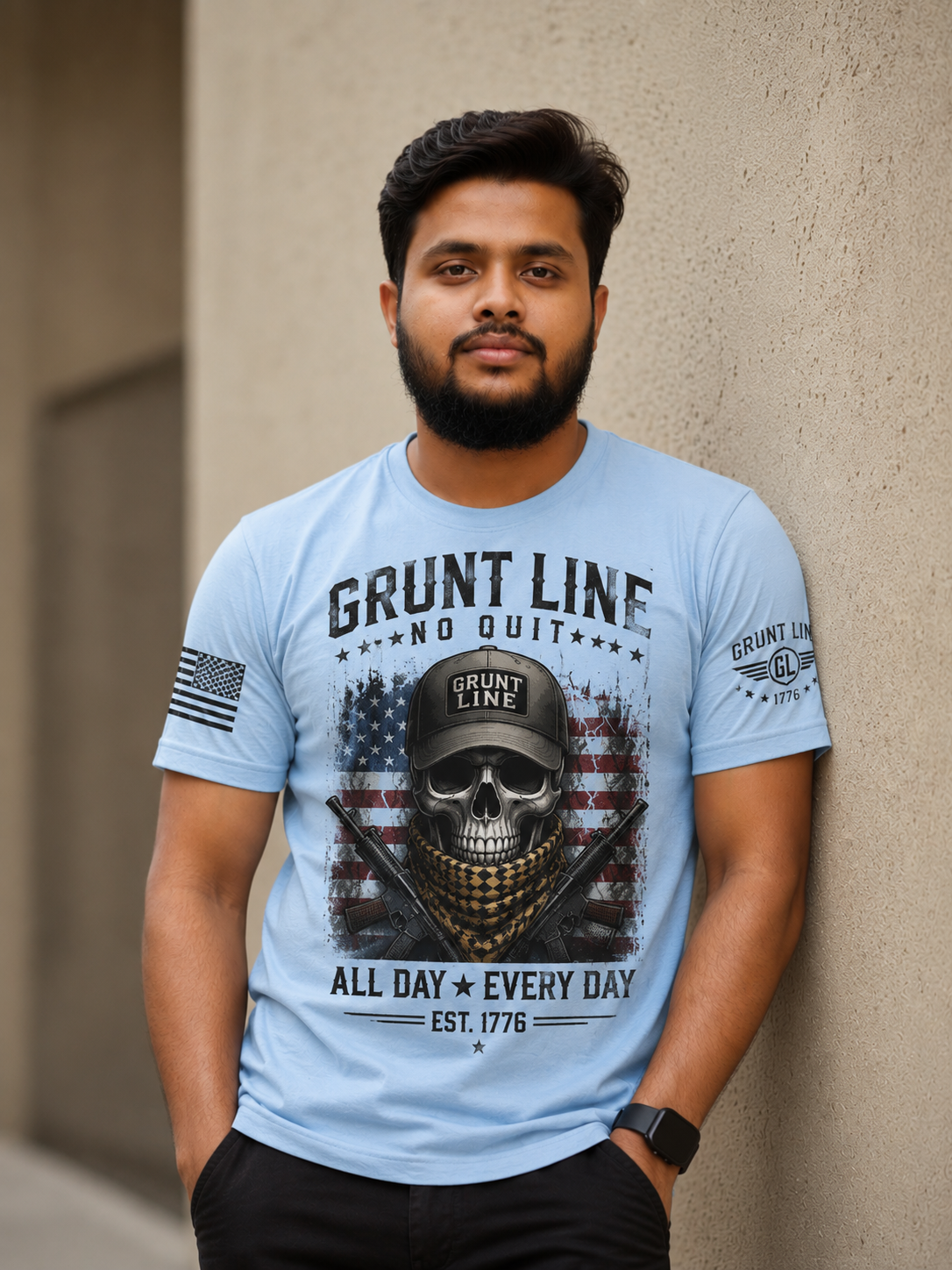 Grunt Line No Quit Skull Graphic T-Shirt | Men's Premium Patriotic Cotton Tee | Light Blue