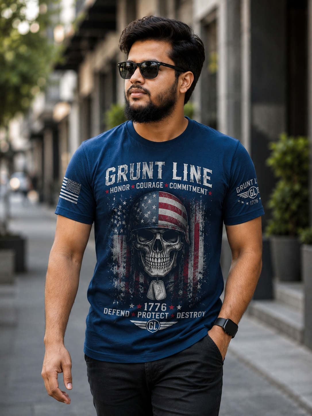 Grunt Line Honor Courage Commitment Skull Graphic T-Shirt  Premium Men's Patriotic Cotton Tee