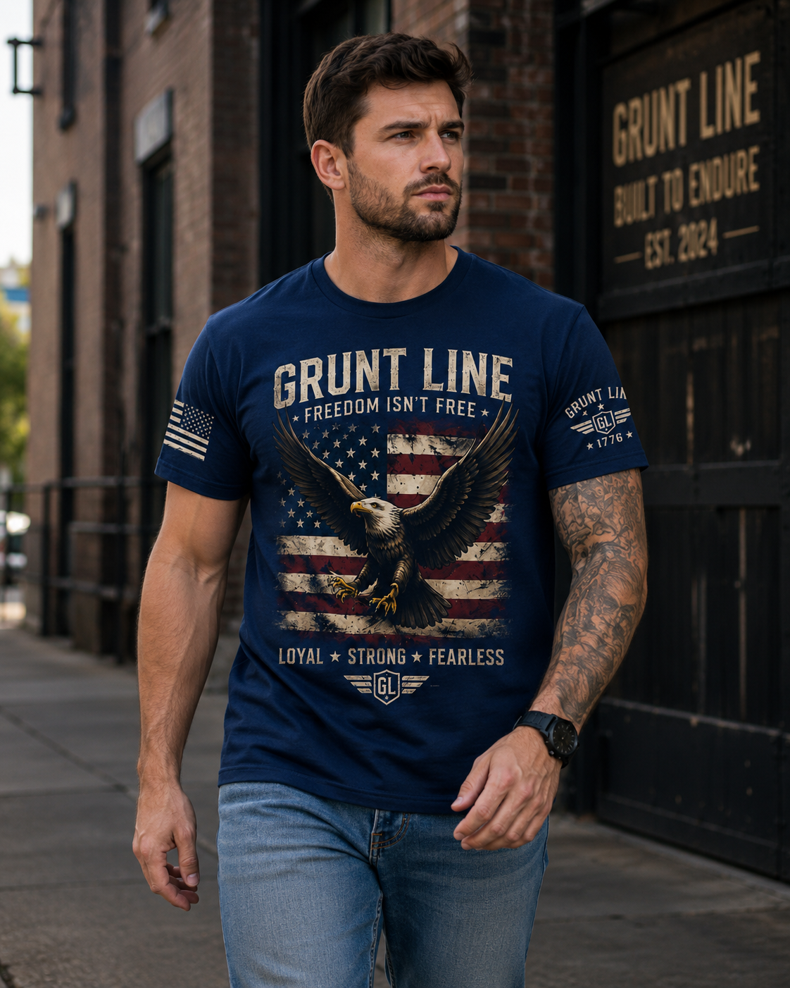 Grunt Line German Shepherd Patriot Graphic T-Shirt | Men's Premium Olive Green Cotton Tee