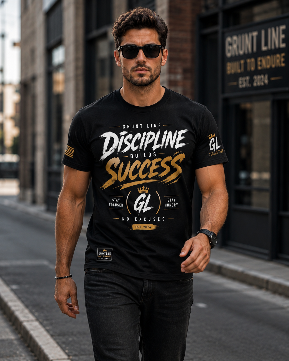 Grunt Line Discipline Builds Success Graphic T-Shirt | Men's Premium Black Cotton Tee